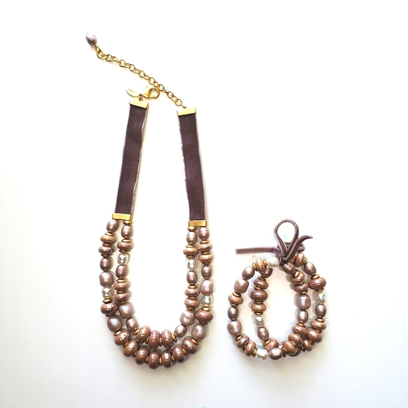 Chico's Taupe Cappuccino Two-Strand Faux Pearl Necklace and Stretch Bracelet Set - Picture 1 of 15